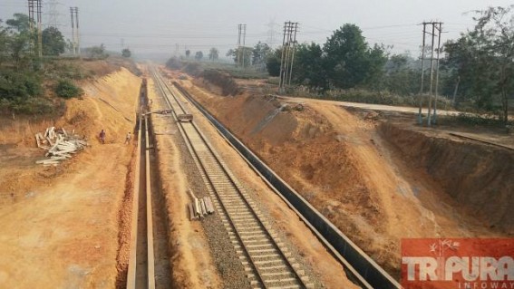Preparation on high to finish Agartala-Udaipur Rail-line : Laying of tracks are undergoing 